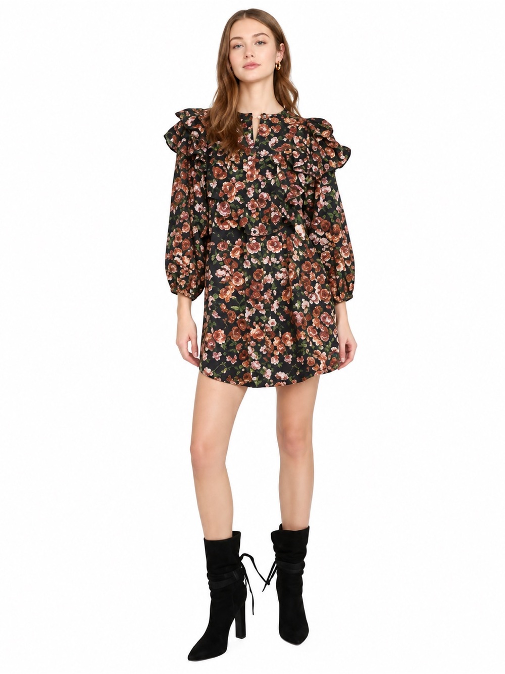 Something Navy Floral Ruffle Button Down Mini Dress Black Multi NWT Medium $165